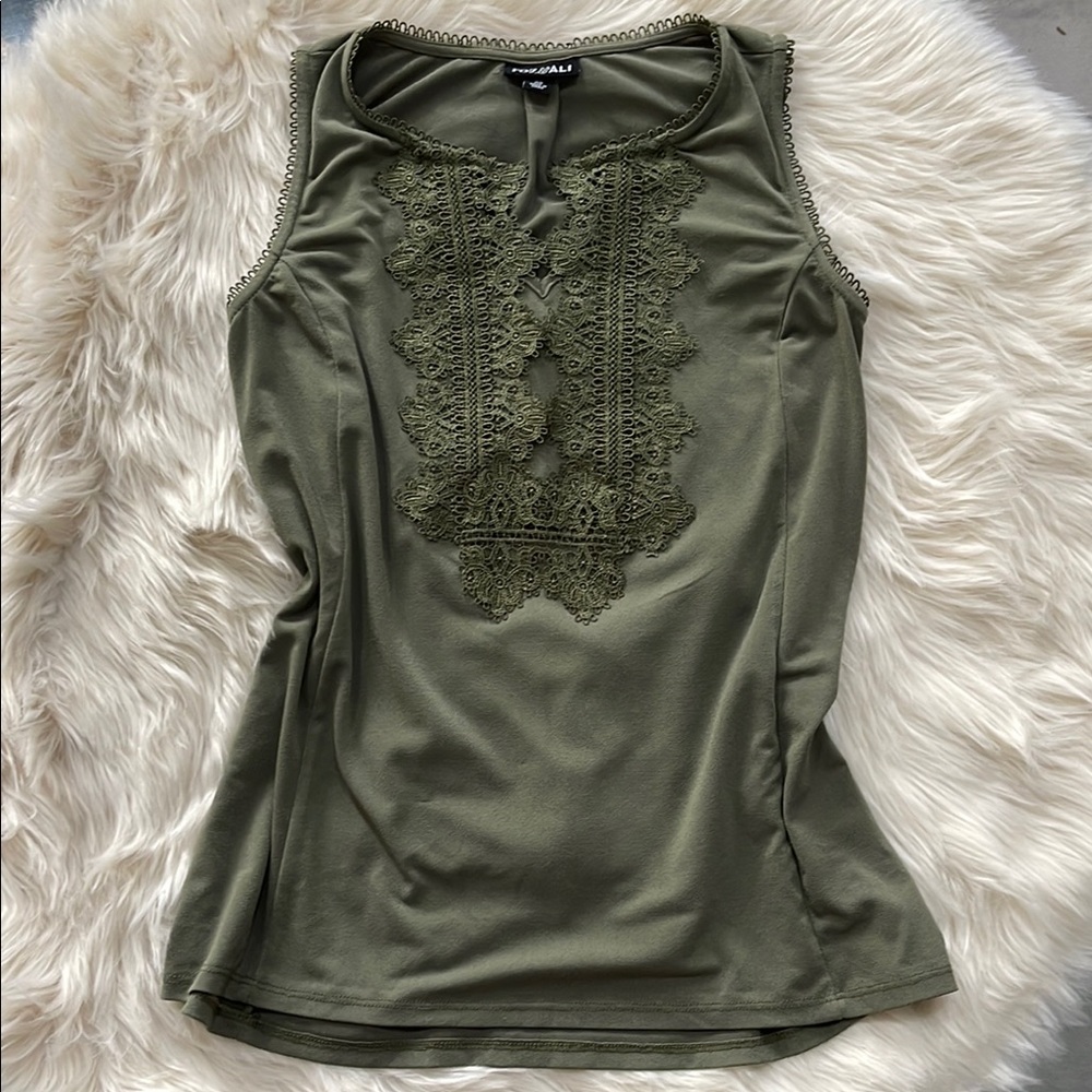 New York & Company Sage Green Lace Detail Tank Top